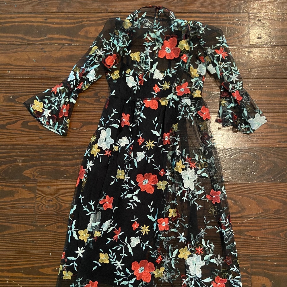 dress floral mesh print over black attached slip dress